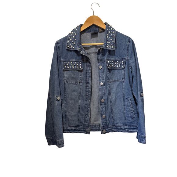 VTG Sara Studios Pearl Embellished Denim Trucker Jacket Size S - Picture 1 of 12
